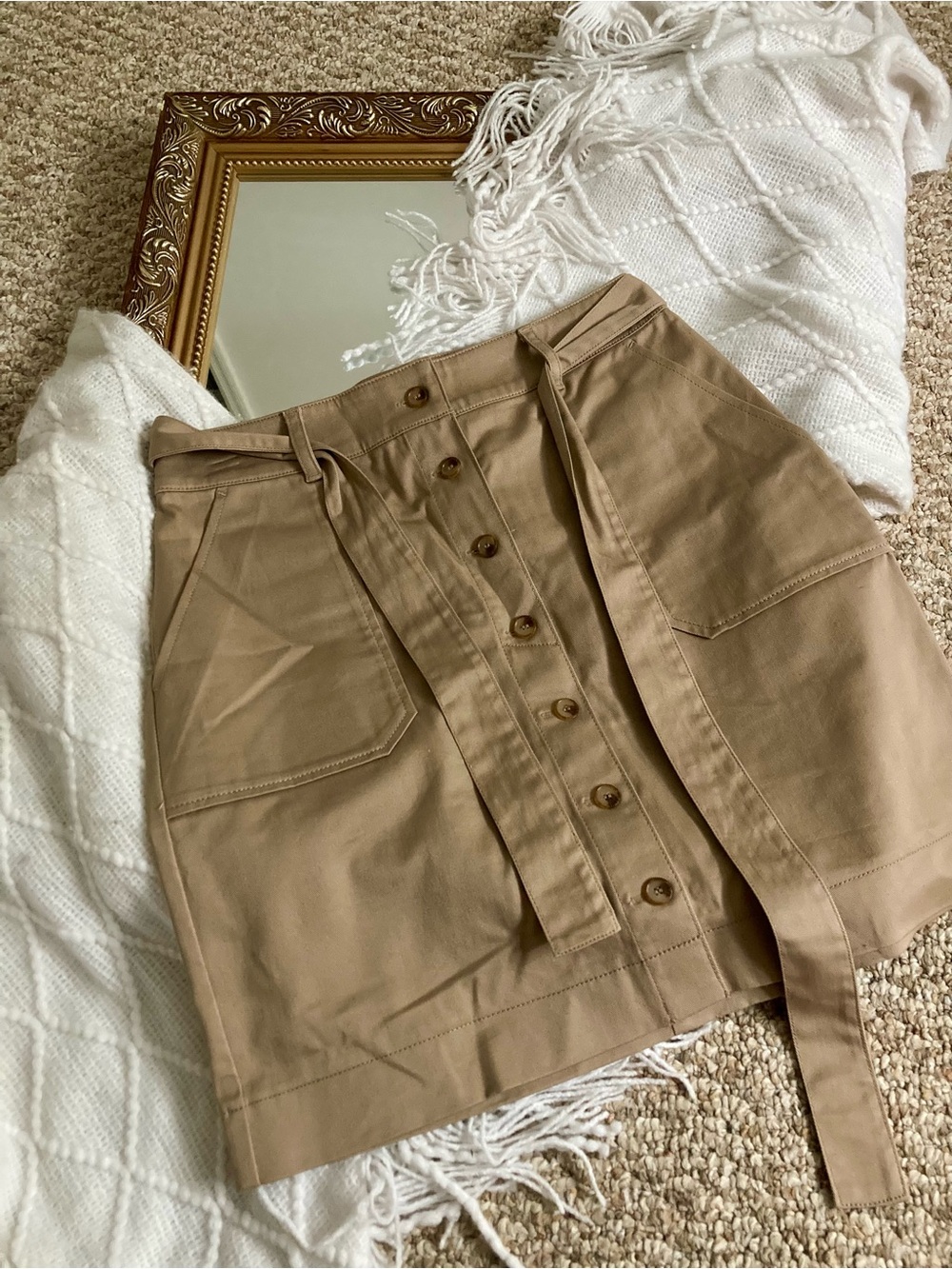 LOFT Tan Button-Front Belted Mini Skirt